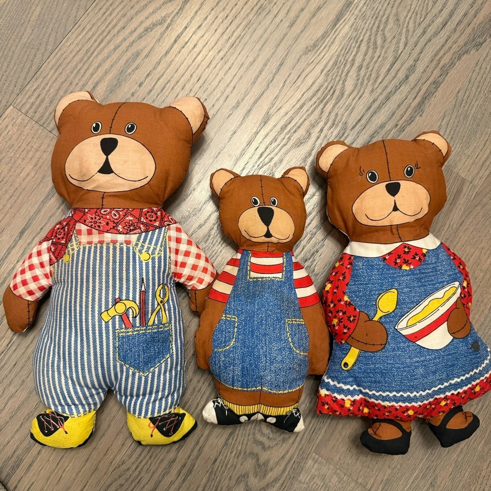 Vintage 3 Little Bears‎ Goldilocks Stuffed Animals Plush Cut & Sew Denim Mom Dad